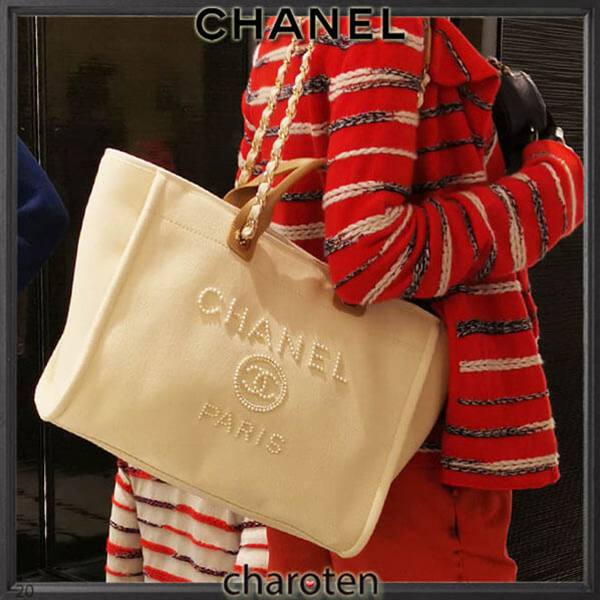 シャネル ドーヴィール コピー 争奪戦ロゴが目立って可愛い DEAUVILLE ロゴトートバッグ トート L